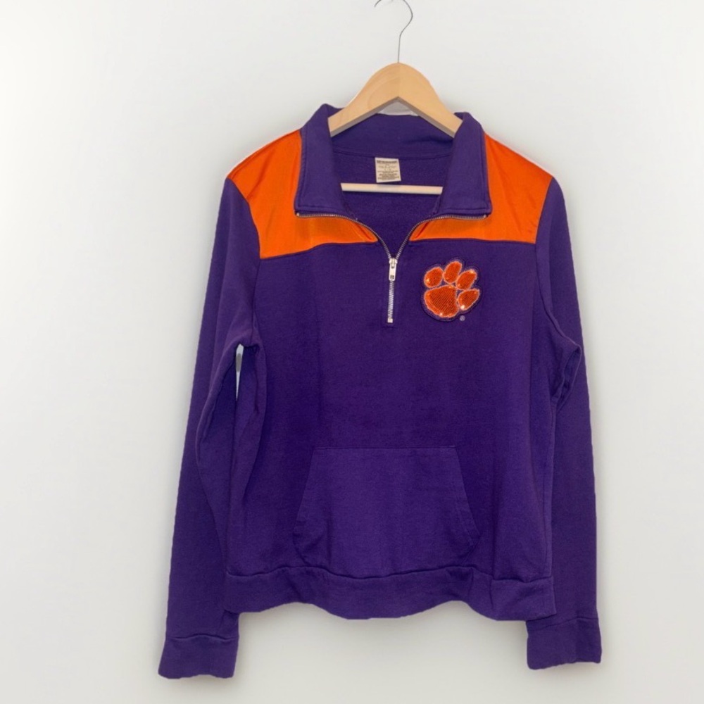 PINK Hoodie CLEMSON Collegiate Collaboration Quarter Zip Sequin Large
